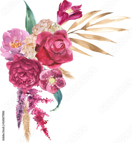 Watercolor floral arrangement. Hand painted botanical illustration with magenta flowers