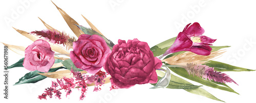 Watercolor floral arrangement. Hand painted botanical illustration with magenta flowers