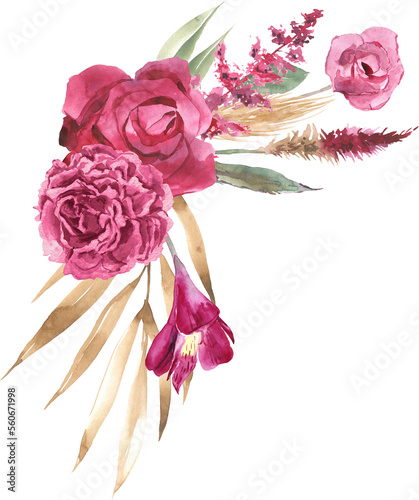 Watercolor floral arrangement. Hand painted botanical illustration with magenta flowers