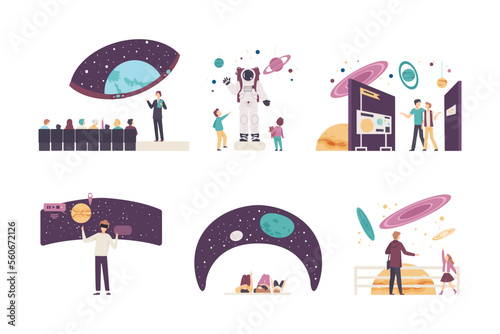 Exhibition visitors having excursion at planetarium. People looking at at planet models, celestial space objects of Solar system cartoon vector illustration
