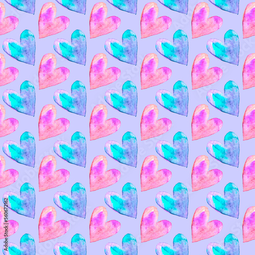 Seamless pattern with watercolor pink blue hearts. Romantic love hand drawn backgrounds texture. For greeting cards, wrapping paper, wedding, birthday, fabric, textile, Valentines Day, easter