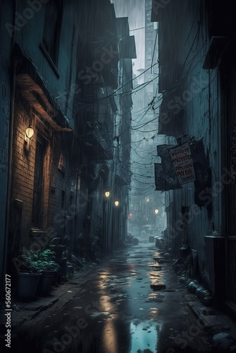 Urban night street alleyways. Chinatown alley. 