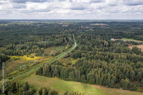 Aerial drone view from Czarny Las village with Czarna river near Gora Kalwaria city  Poland
