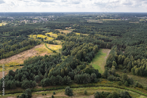 Aerial drone view from Czarny Las village, Piaseczno County near Gora Kalwaria city, Poland