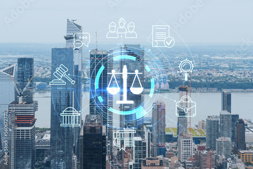 Aerial panoramic city view of West Side Manhattan and Hudson Yards district at day time, NYC, USA. Glowing hologram legal icons. The concept of law, order, regulations and digital justice