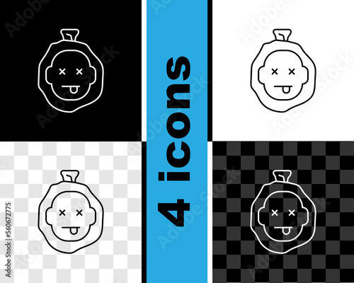 Set line Murder icon isolated on black and white, transparent background. Body, bleeding, corpse, bleeding icon. Dead head. Concept of crime scene. Vector