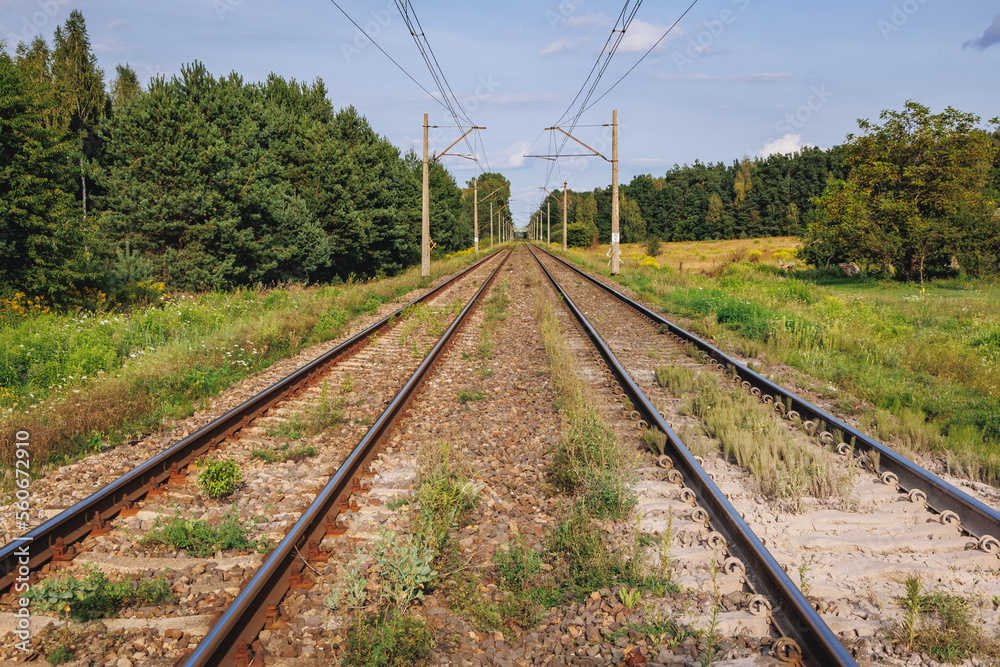 Railway tracks in Dworzno village near Mszczonow city, Zyrardow County, Poland