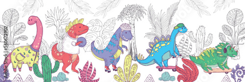 Funny dinos activities - skating, rolling, playing ball in prehistoric jungles. Vector hand drawn illustrations for wallpapers, wall murals

