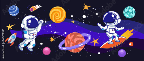 Astionants in the space flying and surfing. Wall art for kid room decoration. Vector hand drawn illustrations 