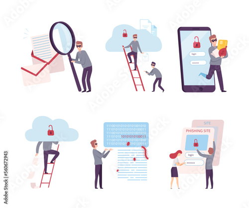 Scammer stealing personal privacy data from smartphone and computer set. Internet phishing attack, fraud cartoon vector illustration
