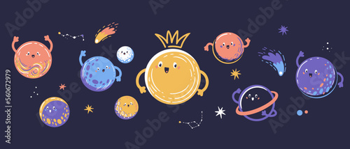 Solar system wall mural for kid room decoration. Vector hand drawn illustrations with space theme
