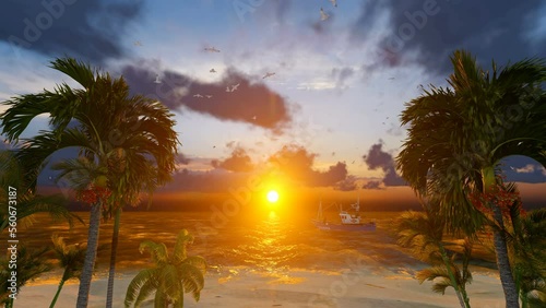  Fishing boat sailing camera fly trough palm trees.