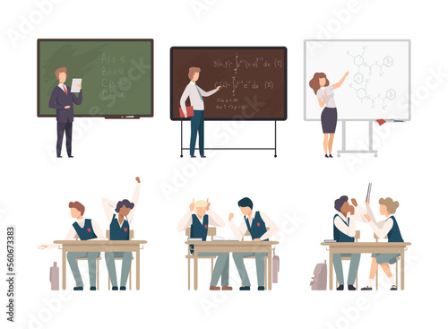 Students sitting in class with teachers teaching at blackboard. Teenage students in uniform sitting at desks, teacher explain math and physics flat vector illustration