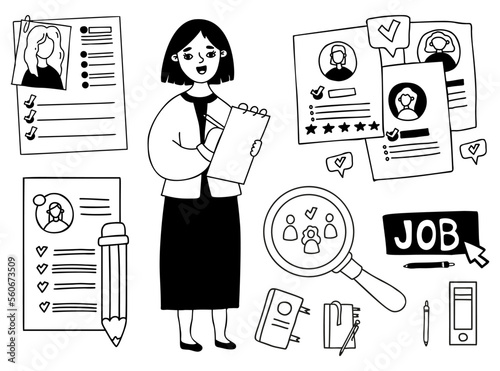 Collection business and job. Business woman selects resumes, questionnaires, considers job applicants, documents and stationery. Vector outline drawing. isolated doodle