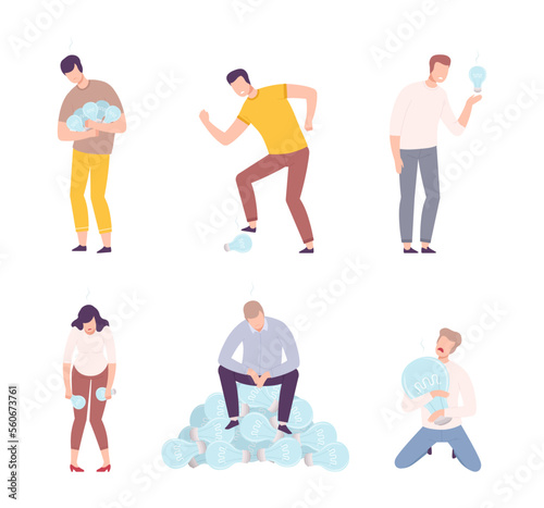 Stressed businessmen characters have no ideas set. Depressed sad people with extinguished light bulbs. Problems in creativity, burnout and crisis flat vector illustration