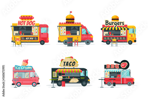 Street food trucks set. Hot dog, hamburger, bbq, taco, ice cream van cars cartoon vector illustration