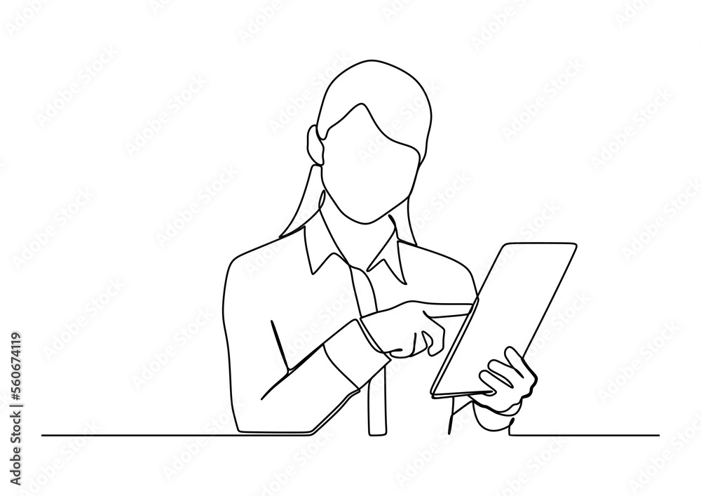 businesswoman in continuous line art drawing style. smiling and holding digital tablet, standing isolated on white background. Vector illustration