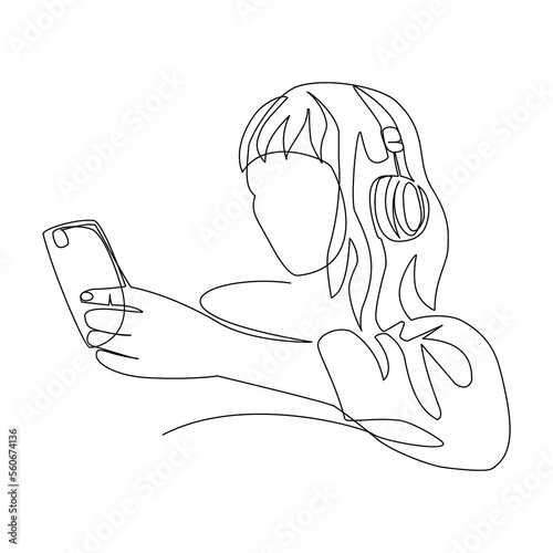 Vector illustration of a girl listening to music drawn in line art style