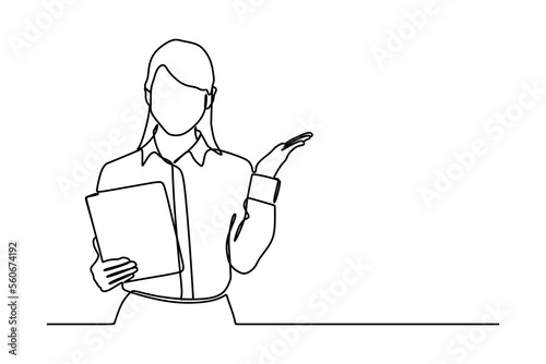 businesswoman in continuous line art drawing style. smiling and holding digital tablet, standing isolated on white background. Vector illustration