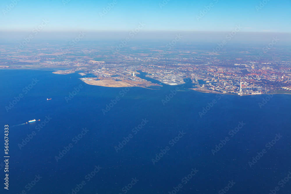 Aerial view of Swedish coast from Malmo . Flight over Baltic Sea and Sweden 