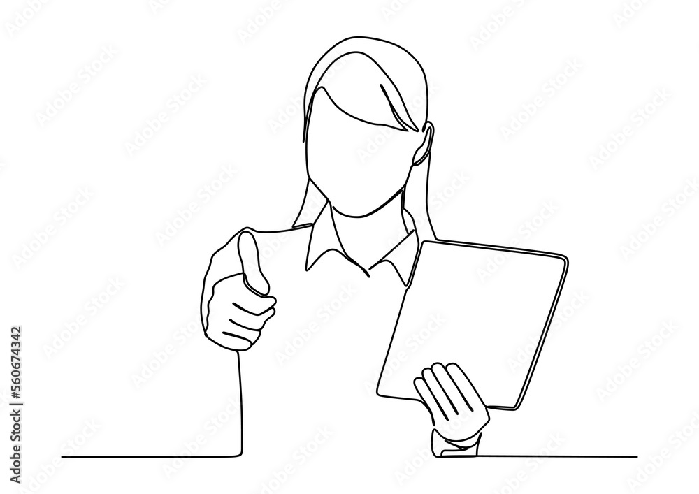 businesswoman in continuous line art drawing style. smiling and holding digital tablet, standing isolated on white background. Vector illustration businesswoman in continuous line art drawing style. smiling and holding digital tablet, standing isolated on white background. Vector illustration