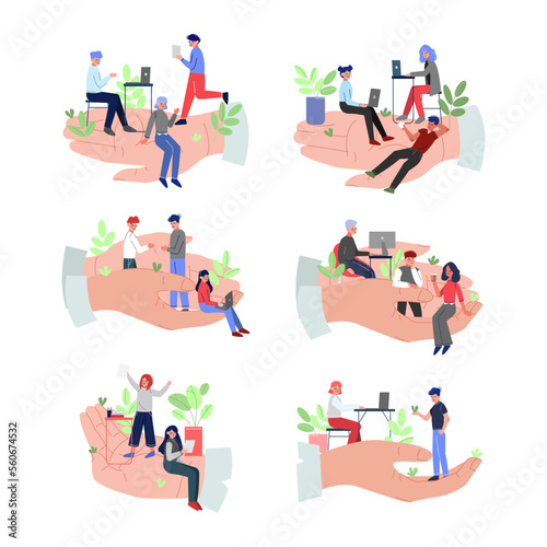 Business people working with laptop computers on human palms set. Safety, support and protection cartoon vector illustration