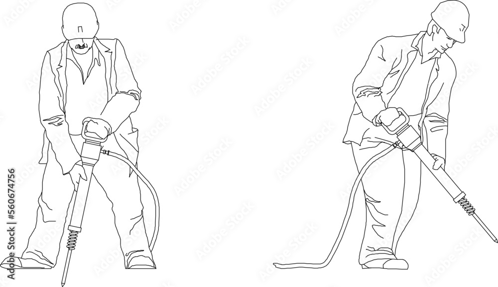 collection of vector sketch illustrations of construction workers drilling