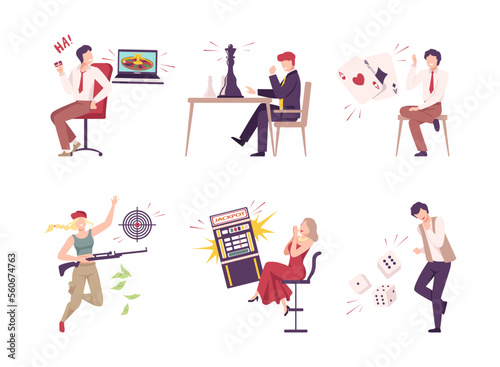 Lucky people playing games and winning money set. Smiling woman and man won online casino, chess, slot machine cartoon vector illustration