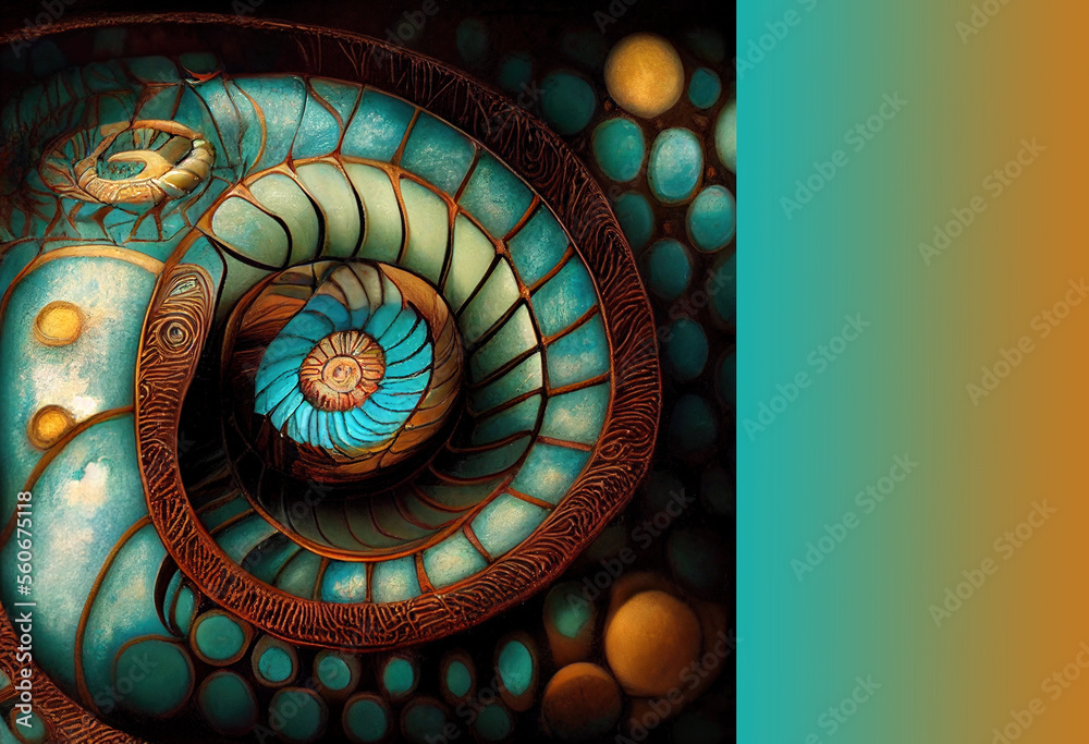 Spiral of the dream time in aborigine colors. Teal spiraled mandala with orange accents. Copy space, space for text. Illustration, generative art.