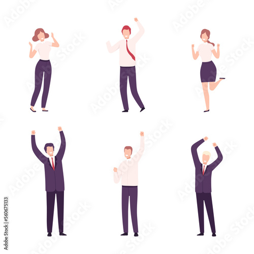 Successful business people standing with their hands raised set. Emotional male and female employees celebrating goal achievement flat vector illustration