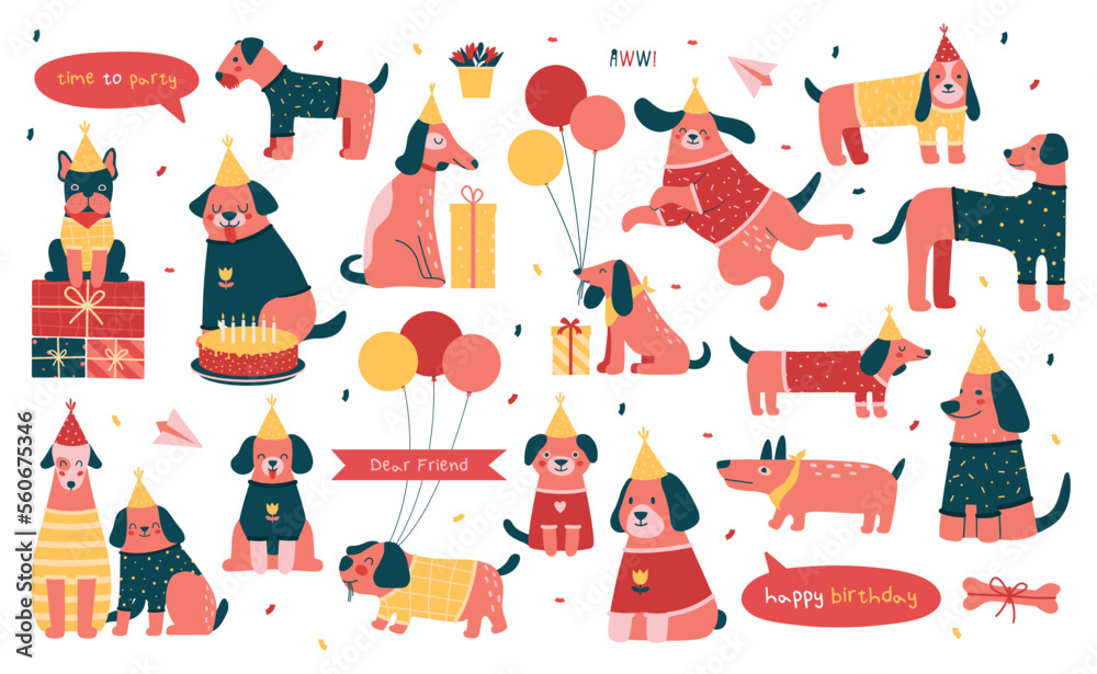 Collection birthday cute illustrations with different happy dog characters, puppies, with baloons, gifts, party hat, confetti, labels. Set of vector flat elements for greeting card, party invitation.