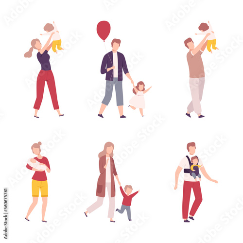 Parents and kids walking together set. Happy mom and dad having good time with their children flat vector illustration