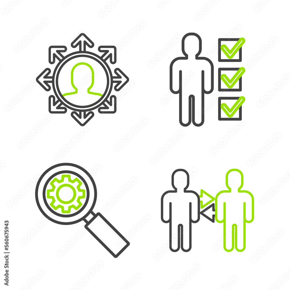 Set line Project team base, Magnifying glass and gear, User of man business suit and icon. Vector Set line Project team base, Magnifying glass and gear, User of man business suit and icon. Vector