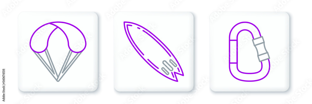 Set line Carabiner, Parachute and Surfboard icon. Vector Set line Carabiner, Parachute and Surfboard icon. Vector