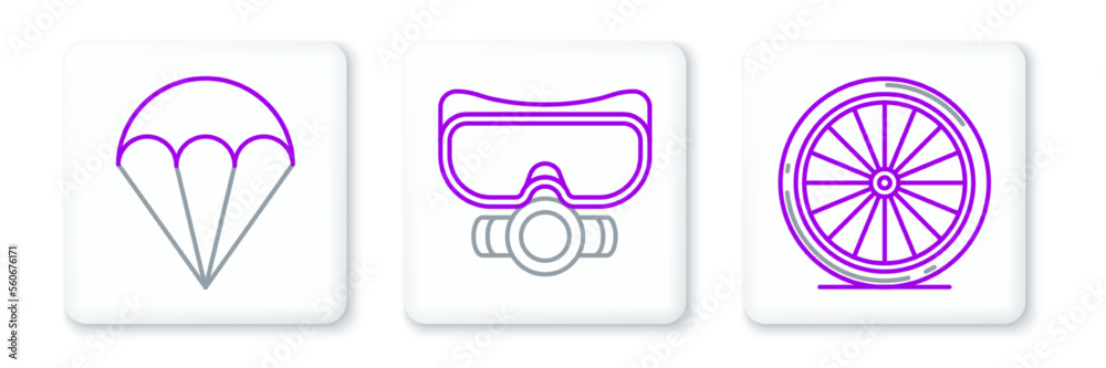 Set line Bicycle wheel, Parachute and Diving mask icon. Vector Set line Bicycle wheel, Parachute and Diving mask icon. Vector