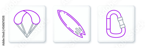 Set line Carabiner, Parachute and Surfboard icon. Vector