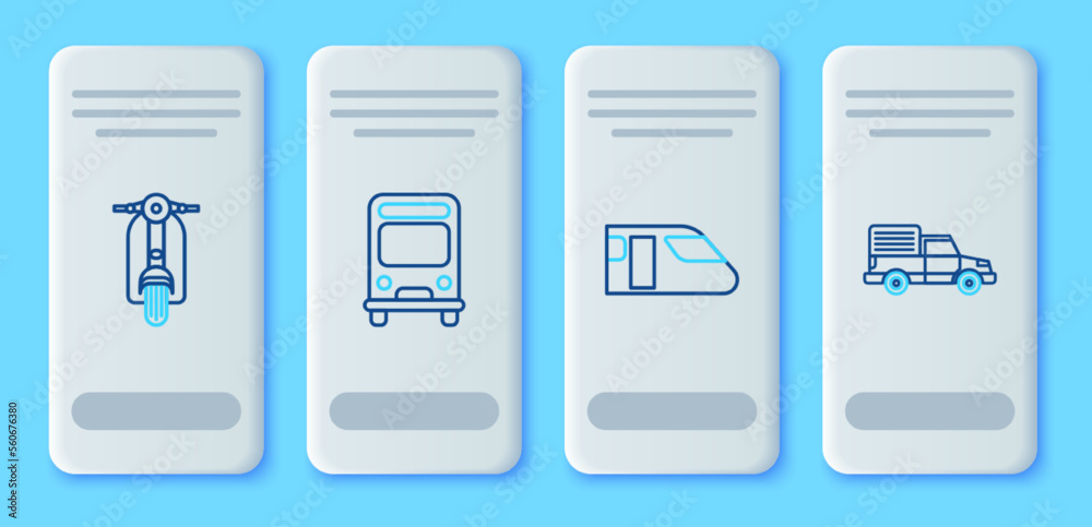 Set line Bus, Train, Scooter and Delivery cargo truck vehicle icon. Vector