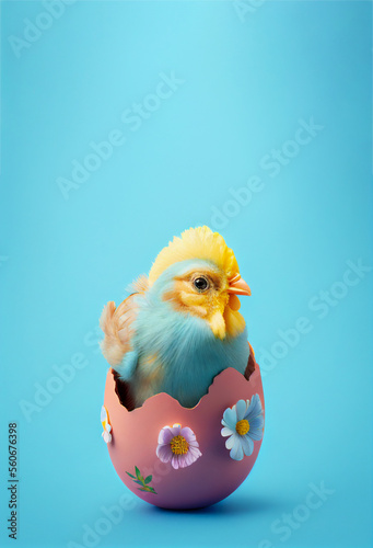 Colorful chicken sitting inside Easter egg with flowers, blue background. Vertical Easter backdrop with copy space. Postcard, greeting card design. Pascha, Happy Easter Day. Generative AI.