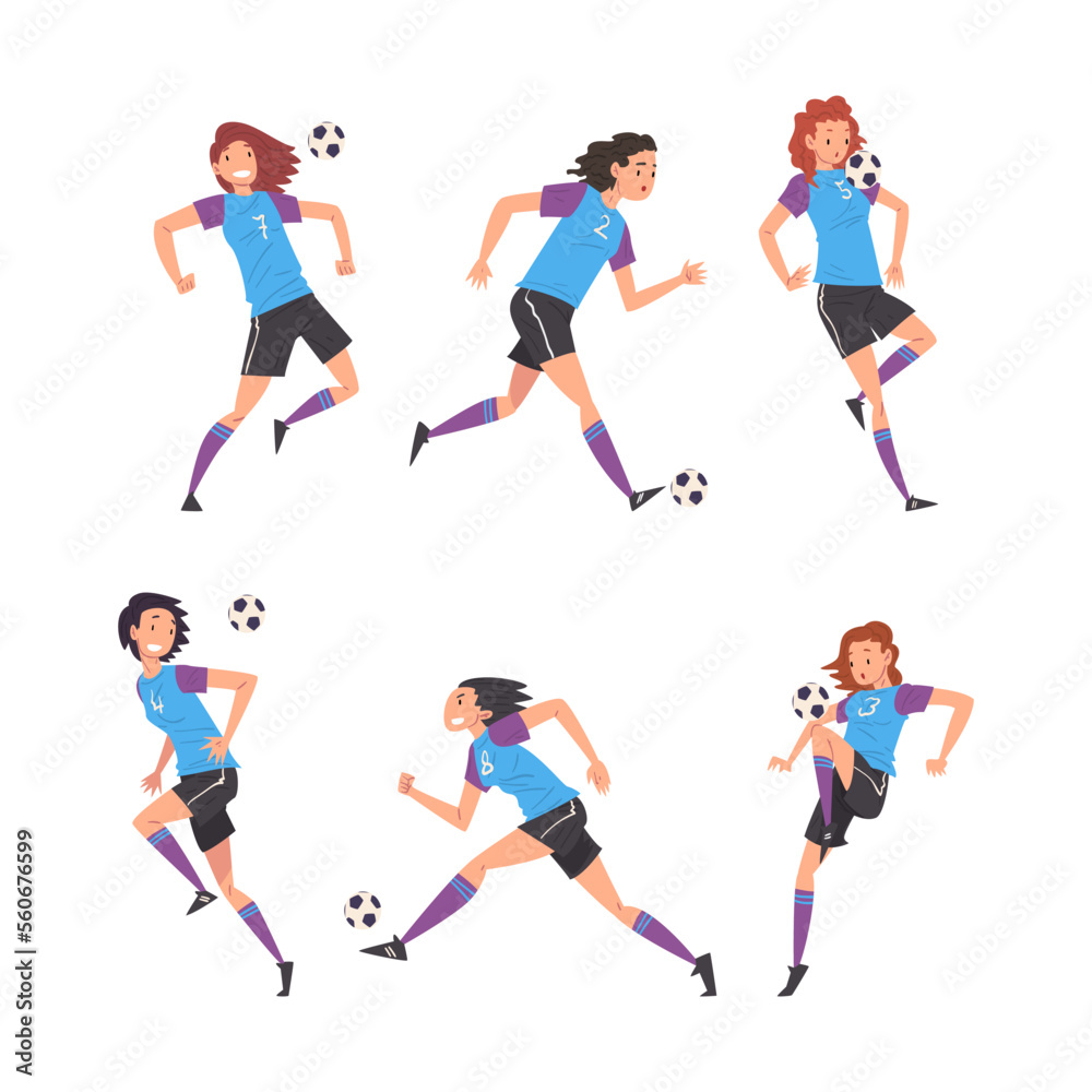 Set of girls in uniform playing soccer or football. Teenage girls soccer players running and kicking ball cartoon vector illustration