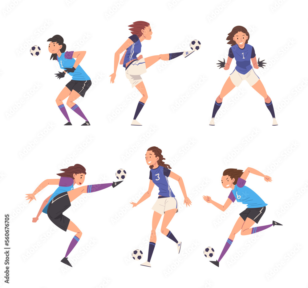 Set of young women in uniform playing soccer. Girls soccer players running and kicking ball cartoon vector illustration Set of young women in uniform playing soccer. Girls soccer players running and kicking ball cartoon vector illustration