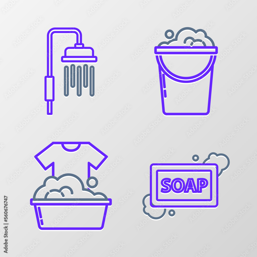 Set line Bar of soap with foam, Plastic basin suds, Bucket and bubbles and Shower head water drops flowing icon. Vector