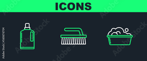 Set line Plastic basin with soap suds, bottles for liquid dishwashing liquid and Brush cleaning icon. Vector