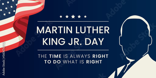 Text Martin Luther King Day on the background of black man and usa flag. Vector illustration. photo