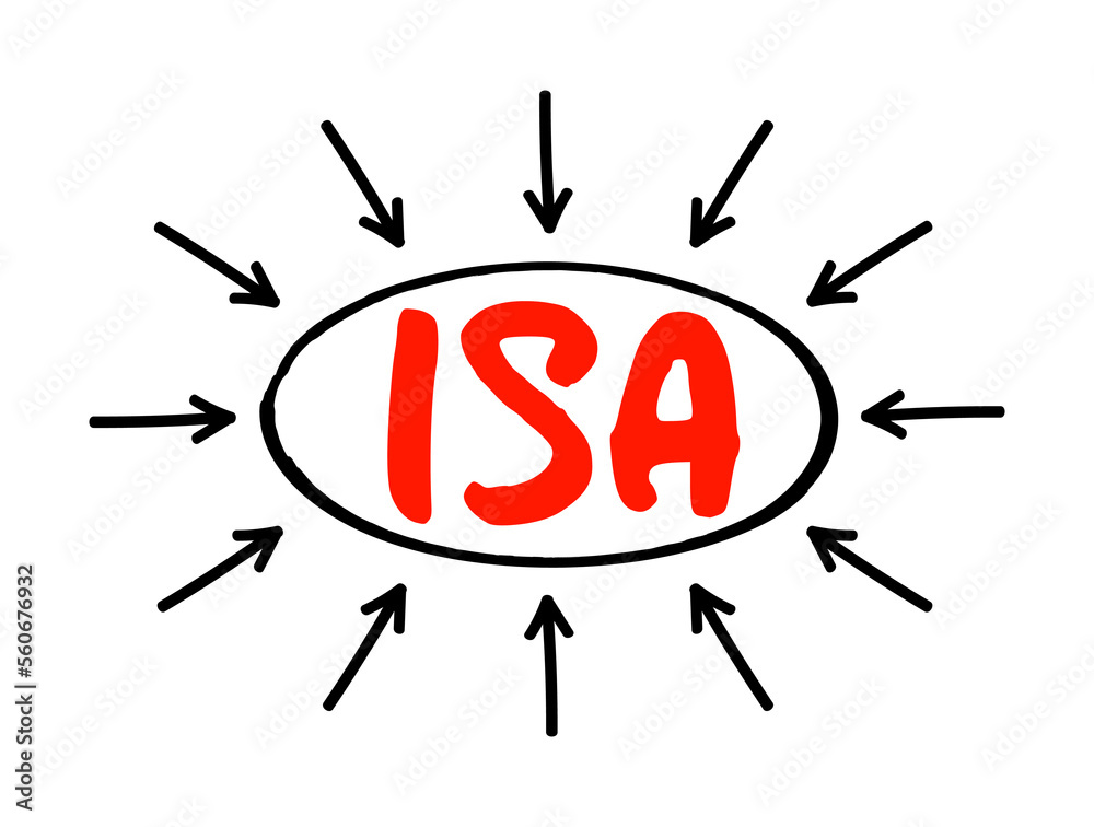 ISA Individual Saving Account - class of retail investment arrangement available to residents of the United Kingdom, acronym text concept with arrows ISA Individual Saving Account - class of retail investment arrangement available to residents of the United Kingdom, acronym text concept with arrows