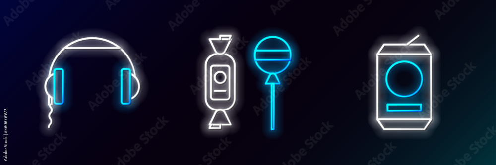 Set line Beer can, Headphones and Lollipop icon. Glowing neon. Vector Set line Beer can, Headphones and Lollipop icon. Glowing neon. Vector