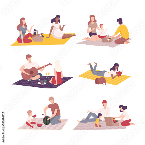 People having picnic on nature set. Families spending time together and relaxing outdoors flat vector illustration