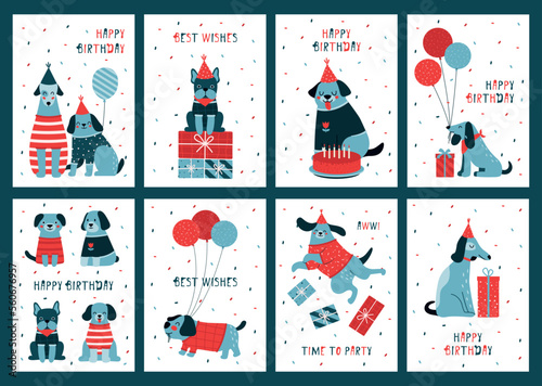 Collection happy birthday card with cute illustrations of different dogs, puppies, with baloons, gifts, party hat, confetti. Universal flat vector designs for greeting postcard, banner, invitation.