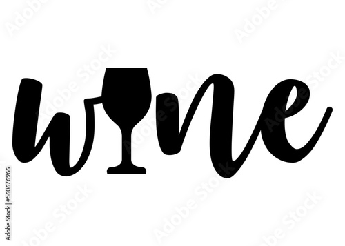 Logo carta de vino. Letras de la palabra wine con copa de vino en lugar de letra w. Texto manuscrito wine
