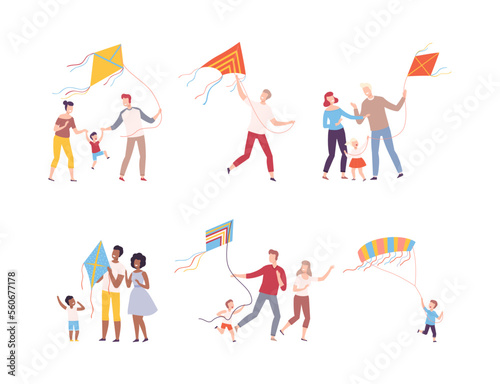 Set of families playing kites outdoors set. Happy joyful mom, dad and kids having good time together flat vector illustration