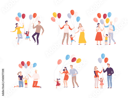 Happy parents and kids holding inflatable colorful balloons set. Families celebrating holidays flat vector illustration